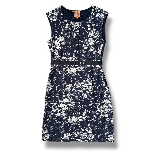 Tory Burch Dresses & Skirts - Tory Burch Navy Blue and White Silk Floral Belted Sleeveless Dress | EUC Size 6
